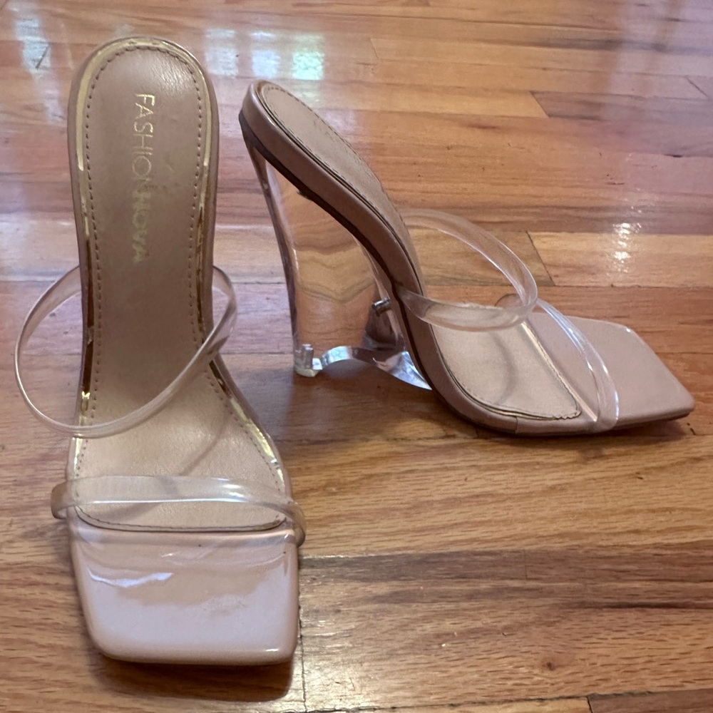 Fashion Nova Beige and Clear Strap Square Toe Clear Wedge Heels Size 8